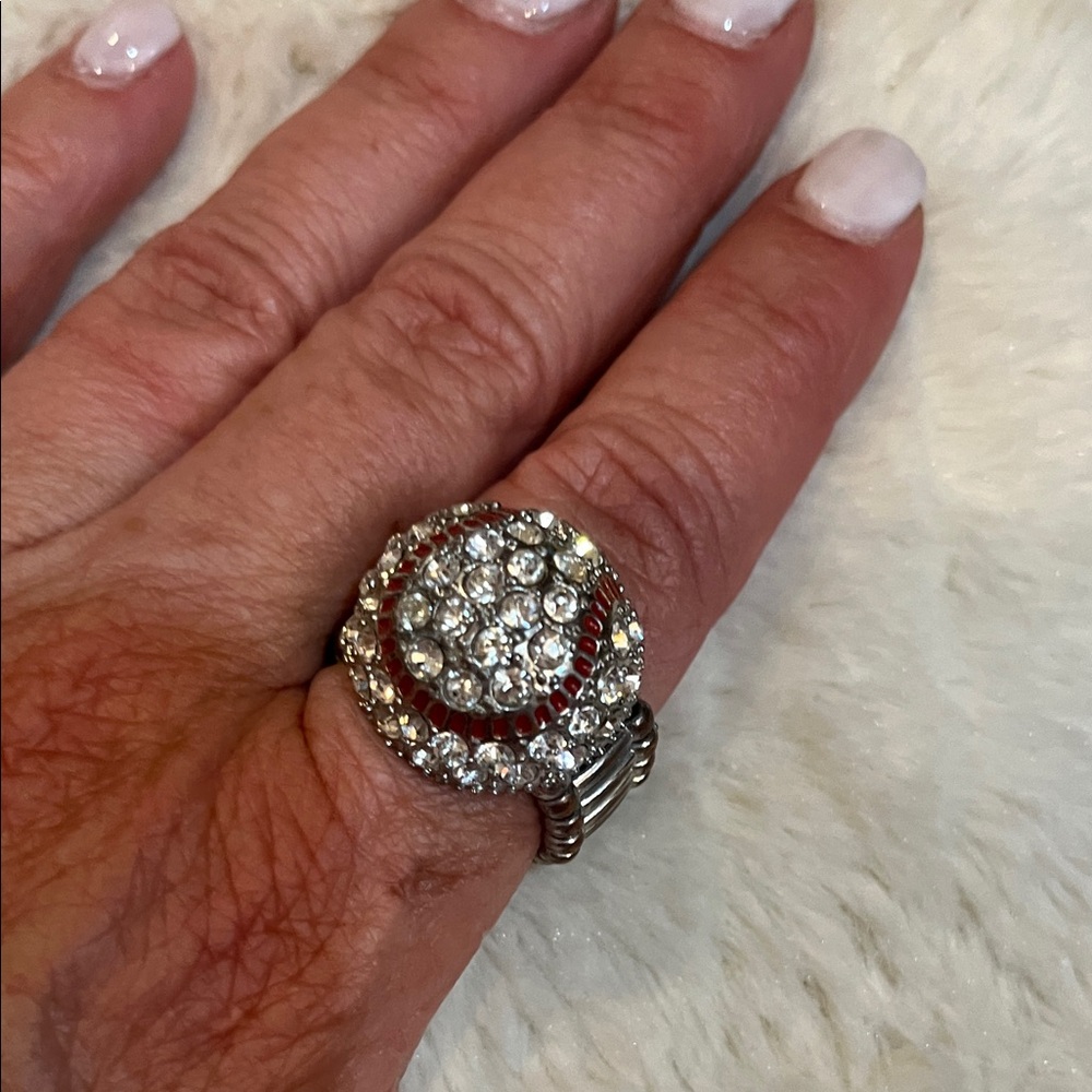 Baseball Mom Blingy adjustable Dazzling Silver and Red faux Crystal Ring